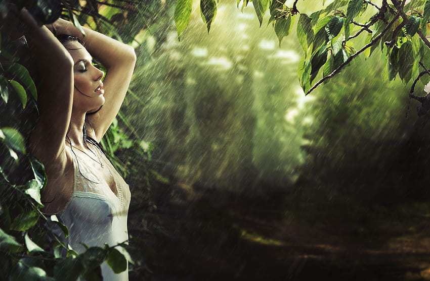 women, rain, jungle, wet, girls in nature, wet clothing, wet hair HD wallpaper