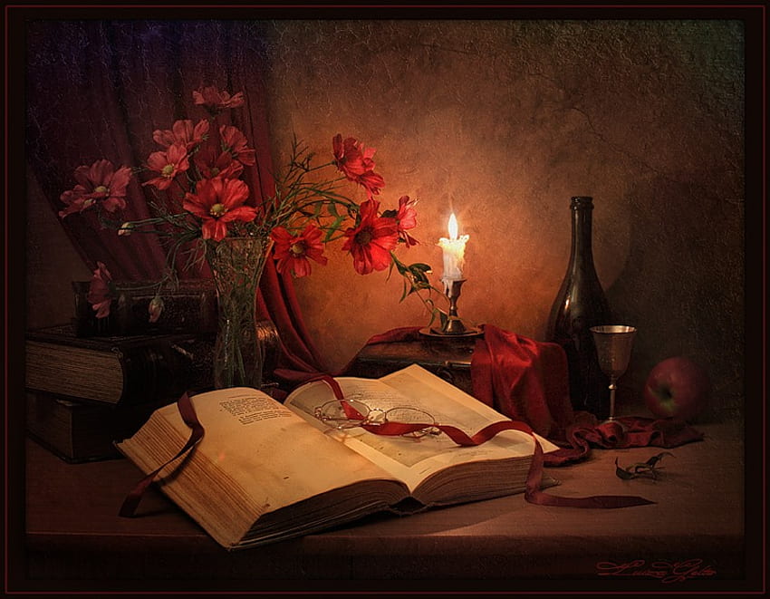 still life, bouquet, graphy, nice, candlestick, books, flower, glass, fruit, glasses, , ribbon, elegantly, vase, beautiful, old, candle, pretty, red, cool, apple, flowers, lovely, harmony HD wallpaper