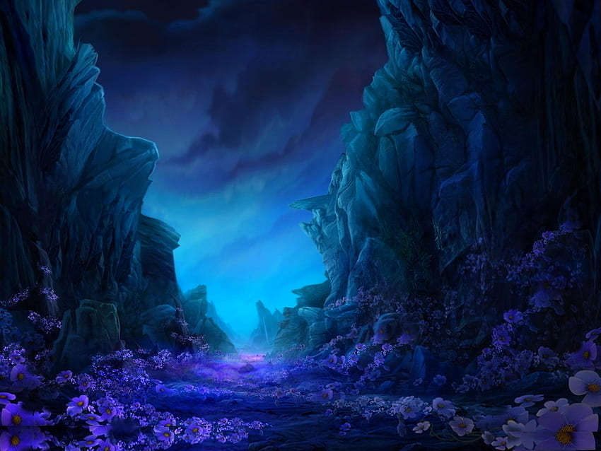 HEAVENLY PATHWAY, blue, purple, path, flowers, rocks HD wallpaper