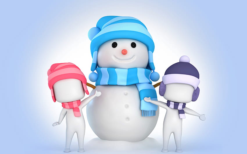 3d snowman, winter, Happy New Year, snowmen, 3d winter background, snow, background with snowmen HD wallpaper