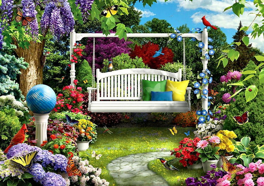 Flowers: Architecture Landscape Songbirds Scenery Wildlife Painting, Landscaping HD wallpaper