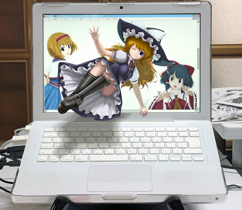 salir, 3 chicas, computadora, anime, 3d fondo de pantalla