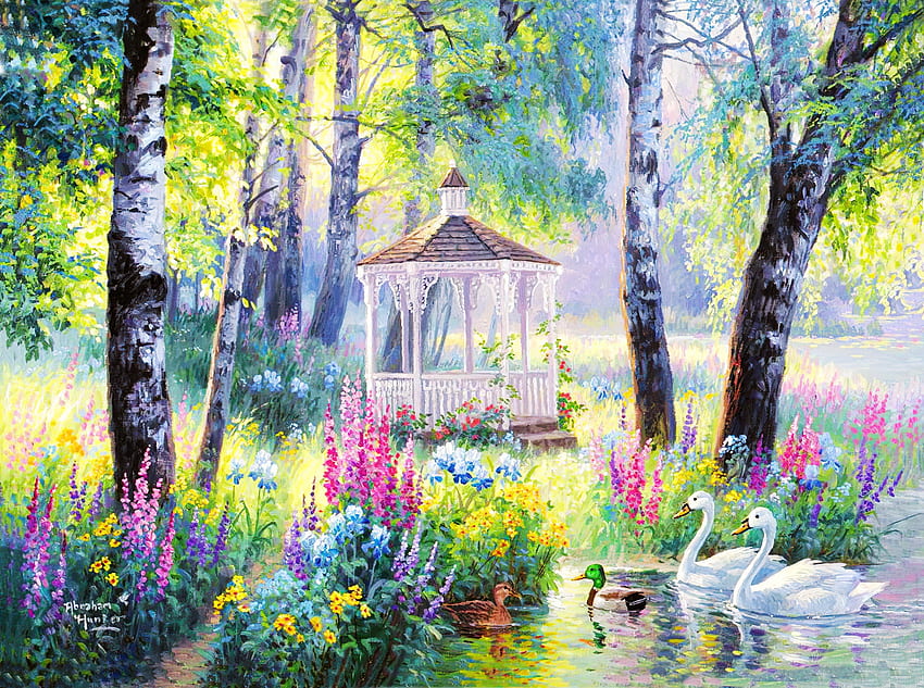 Wiosna ogród, staw, sztuka, altanka, ogród, piękny, wiosna, park, jezioro, łabędzie, , świeżość, drzewa, kwiaty, las Tapeta HD