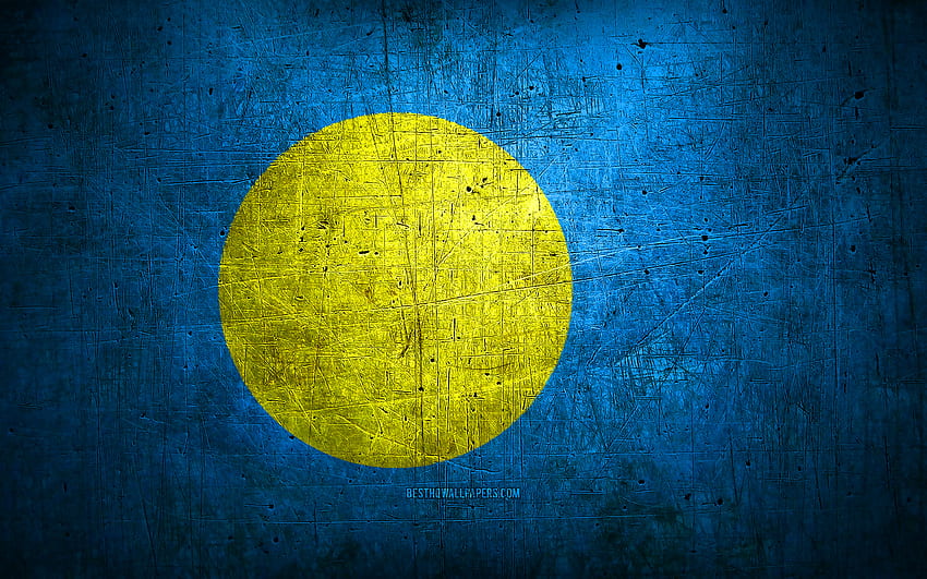Palau metal flag, grunge art, oceanian countries, Day of Palau, national symbols, Palau flag, metal flags, Flag of Palau, Oceania, Palau HD wallpaper