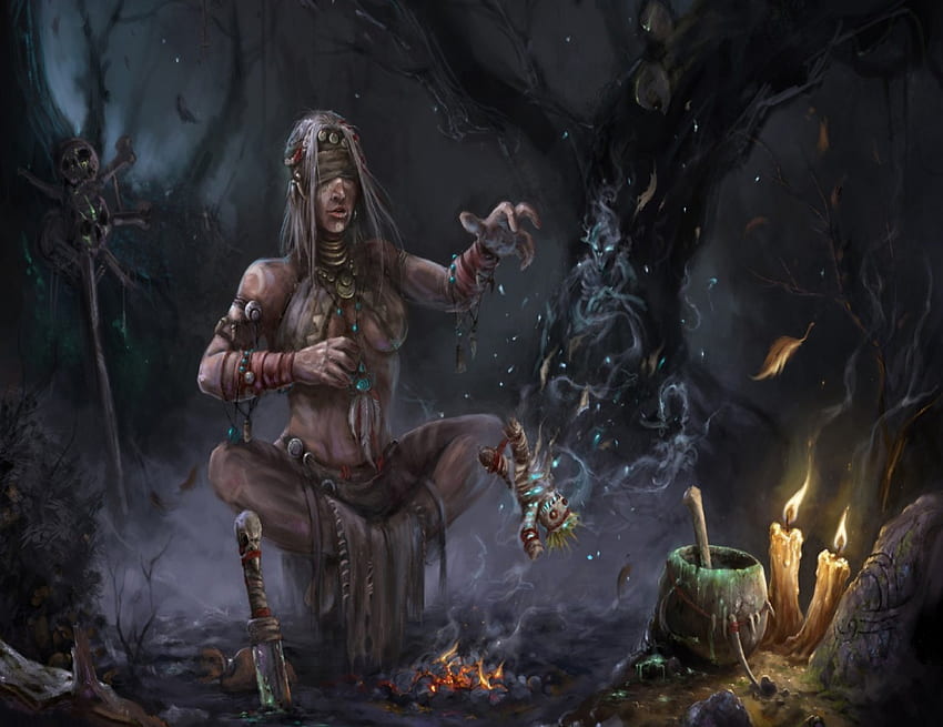 Swamp Witch, ghosts, swamp, fire, voodoo doll, witch HD wallpaper
