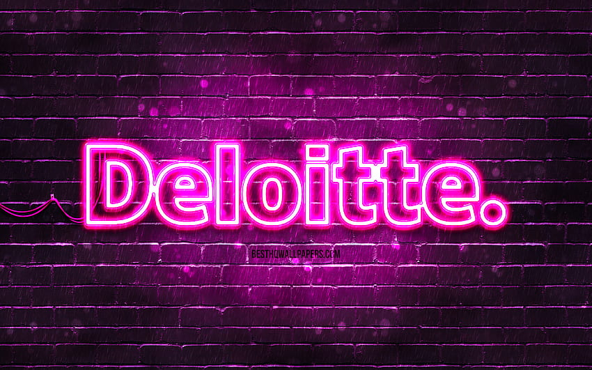 Fioletowe logo Deloitte, , fioletowy mur, logo Deloitte, marki, neonowe logo Deloitte, Deloitte Tapeta HD