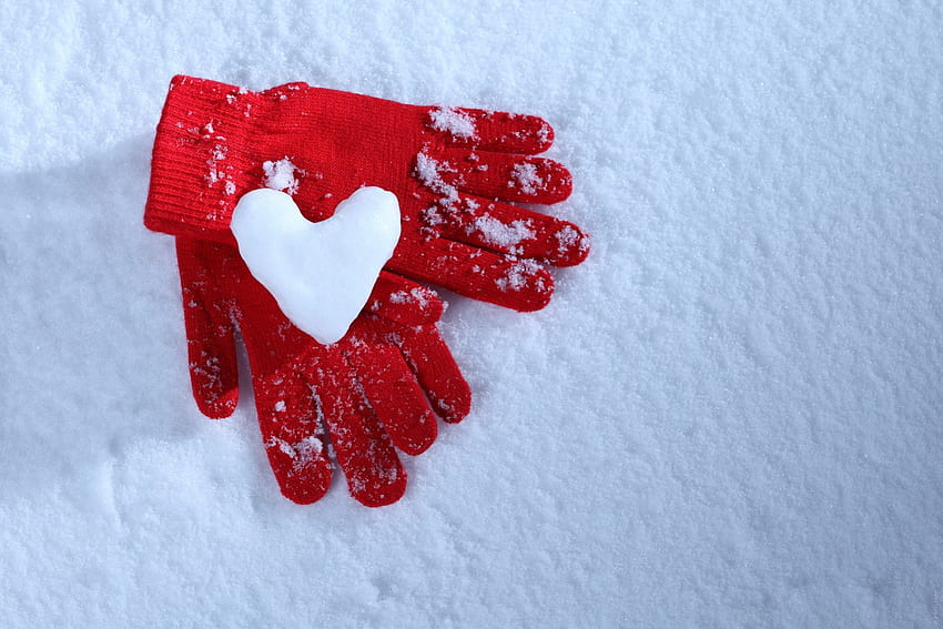 Love, winter, snowy, gloves, snow, with love, nature, heart, winter time HD wallpaper