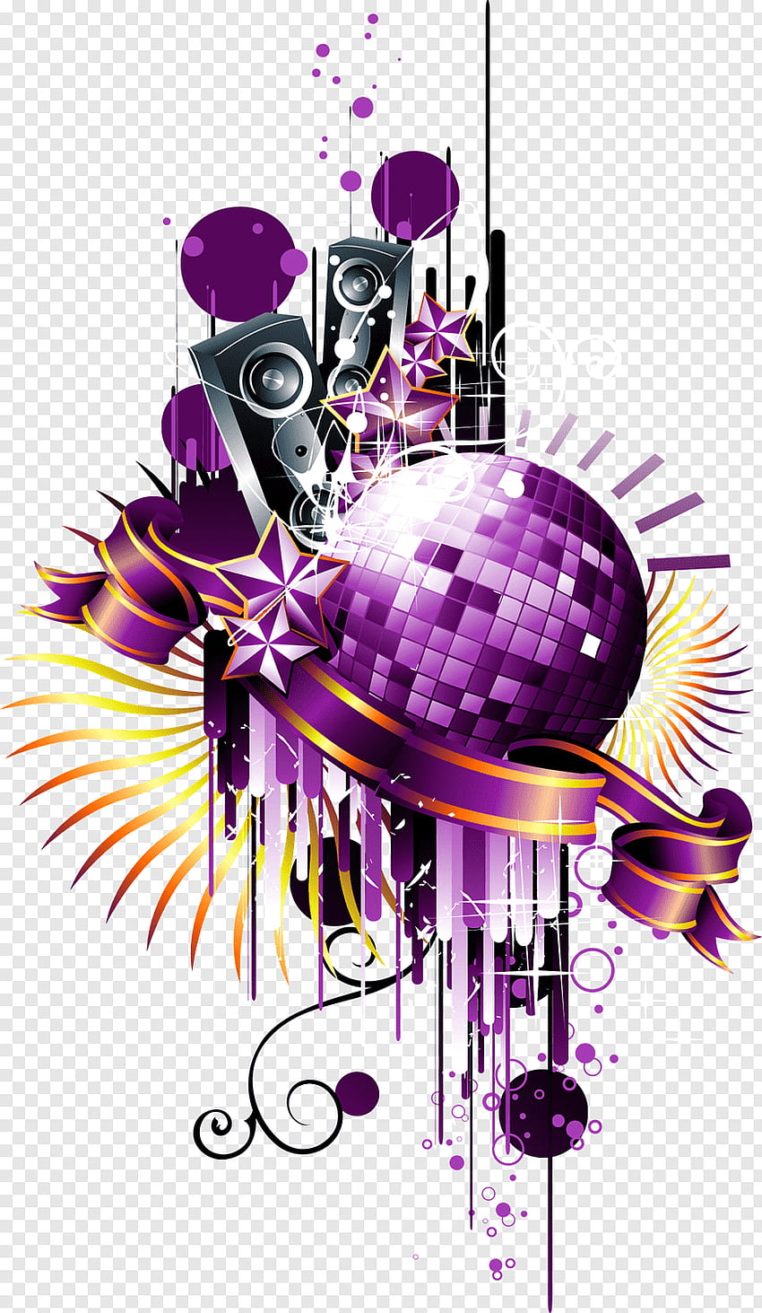 Tema de música púrpura y negra, club nocturno Disco Ball, de cartel de música negra fondo de pantalla del teléfono