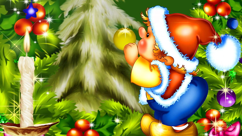Elf Decorating the Tree, sweet, feliz navidad, cute, elf, tree, fairy, bright, lights, christmas, whimsical, decoations HD wallpaper