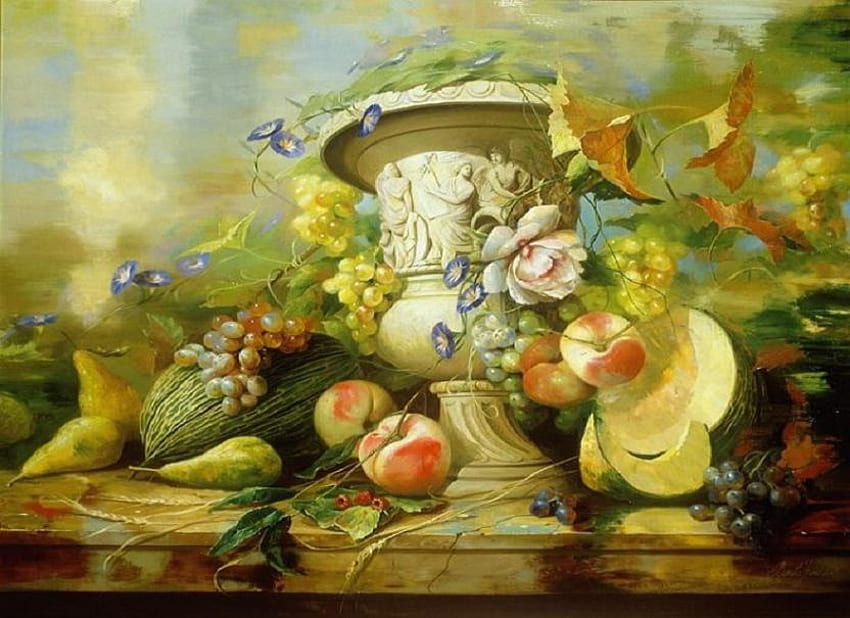 Bountiful harvest, grapes, man, fruits, pears, statue, woman, carvings, pumkins, painting, peaches, flowers HD wallpaper