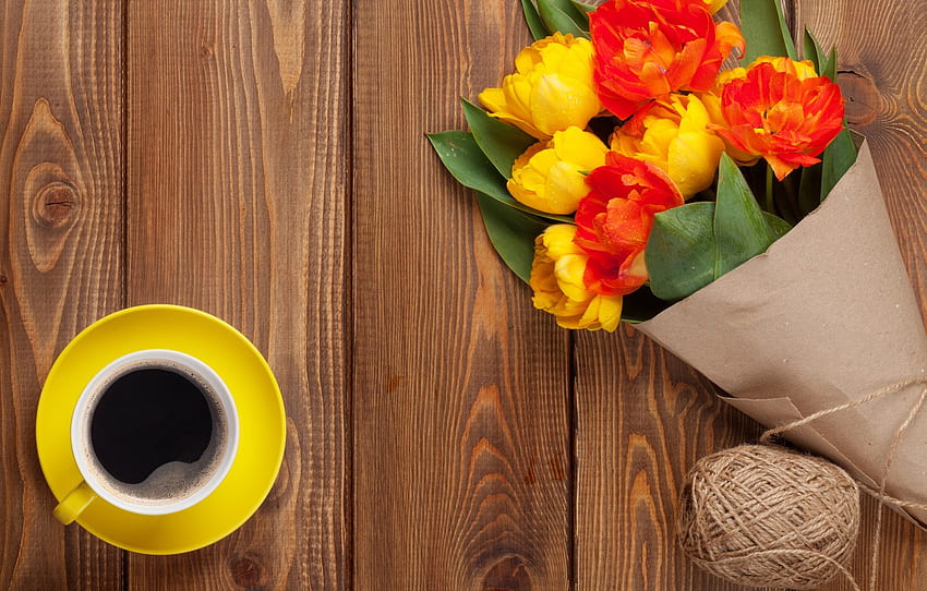 coffee, bouquet, colorful, tulips, yellow, flowers, cup, tulips, coffee for , section цветы, Spring Coffee HD wallpaper