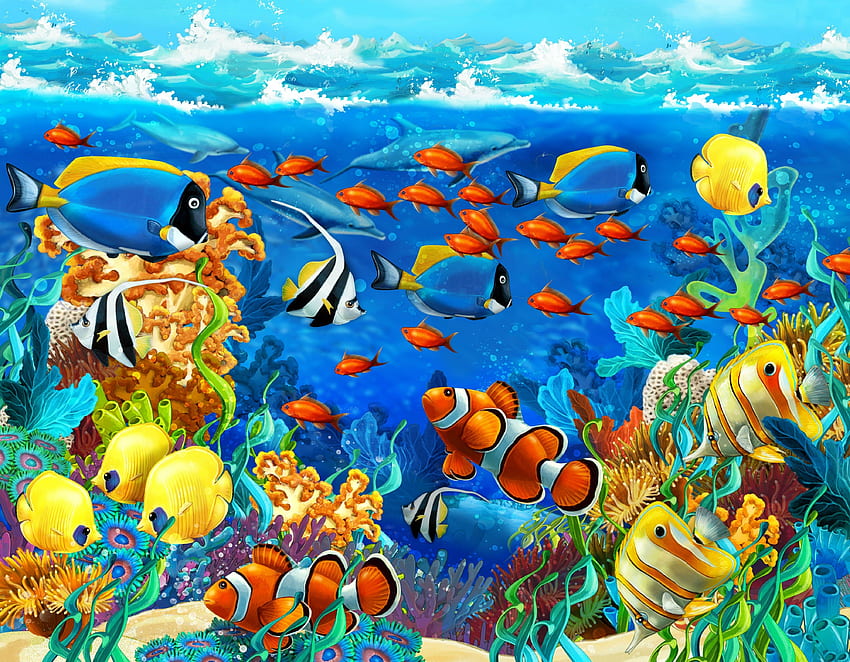delfino, mare, fondale marino, pesce, coralli, sott'acqua, oceano, tropicale / e mobile, delfini sott'acqua Sfondo HD