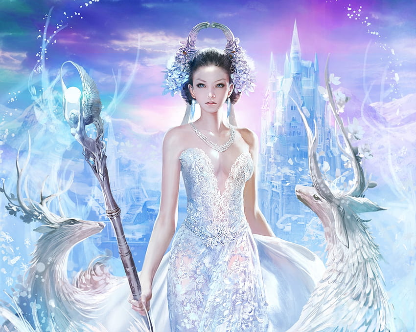 Winter Queen, blu, inverno, bianco, frumusete, asiatico, corna, ragazza, rosa, fantasia, cervo, iarna, luminos, regina Sfondo HD