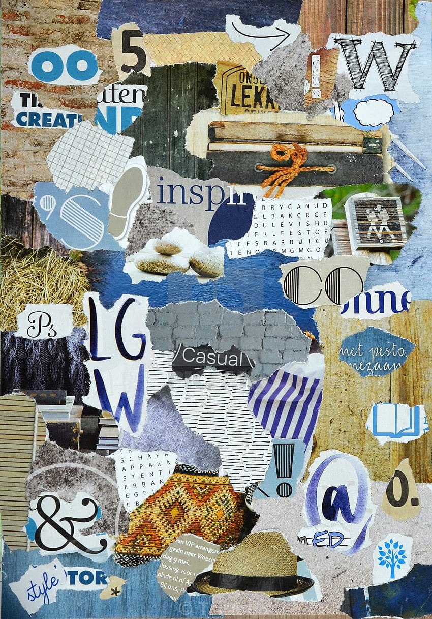 Modern retro vintage blue wooden collage moodboard. For background HD phone wallpaper