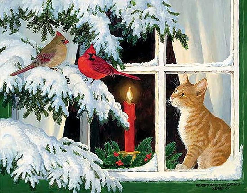 By Persis Clayton, kitten, winter, animal, bird, window, art, cat, tree, persis clayton, snow, cardinal HD wallpaper