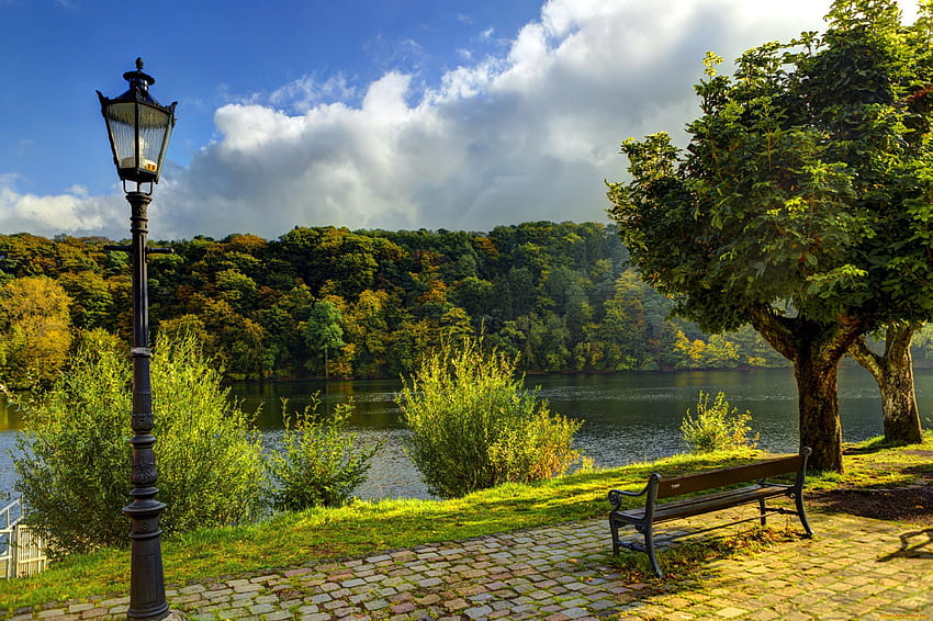 Have a seat, blue, river, peaceful, relax, walk, nice, greenery, autumn, seat, calm, bench, fall, beautiful, grass, country, park, summer, falling, rest, leaves, pretty, green, clouds, nature, sky, lantern, riverbank, lovely, forest HD wallpaper