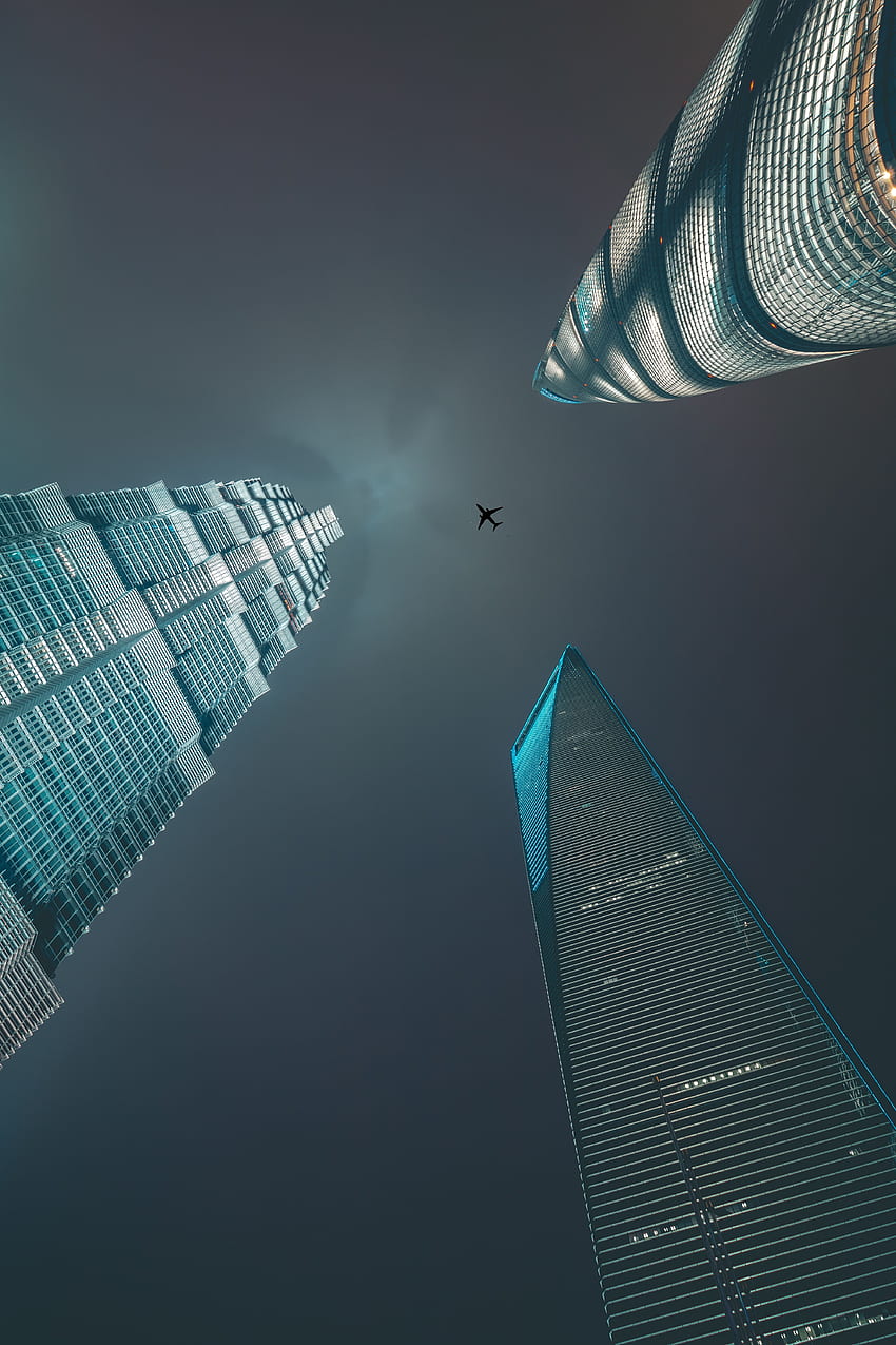 Minimalismus, Wolkenkratzer, Flugzeug, Flugzeug, Ansicht von unten HD-Handy-Hintergrundbild