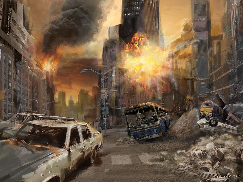 Premium Photo | A postapocalyptic ruined city. destroyed buildings burntout  vehicles and ruined roads