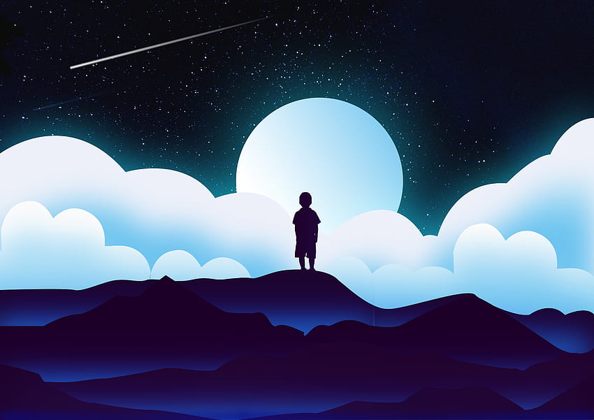 Universe, Clouds, Moon, Vector, Silhouette, Child HD wallpaper