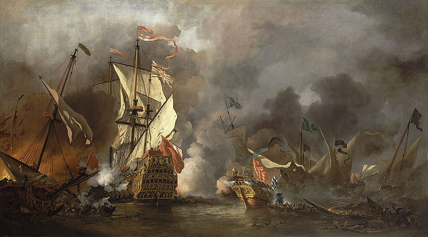 Ein englisches Schiff in Aktion mit Berberschiffen - National Maritime Museum, Seeschlacht HD-Hintergrundbild