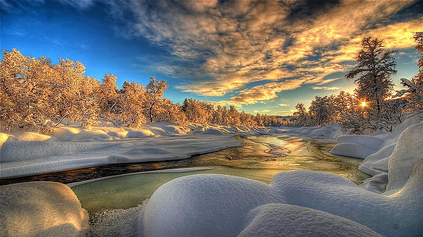 겨울 일출, 겨울, 강, 눈, 구름, 나무, 물, 태양, 일출 HD 월페이퍼