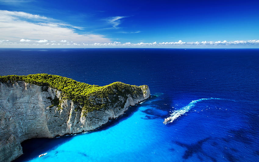 Grecka wyspa, Morze Jońskie, pejzaż morski, koncepcje podróży, lato, Zakynthos, Grecja z rozdzielczością. Wysoka jakość, Grecja Ocean Tapeta HD