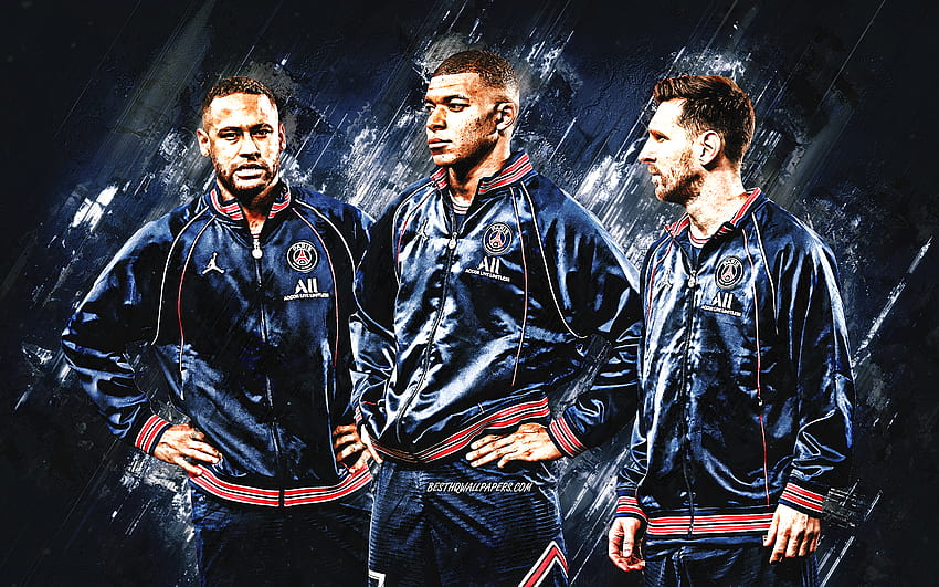 PSG, Lionel Messi, Kylian-Mbappe, Neymar, Paris Saint-Germain, Ligue 1, France, football, blue stone background, grunge art, Leo Messi HD wallpaper