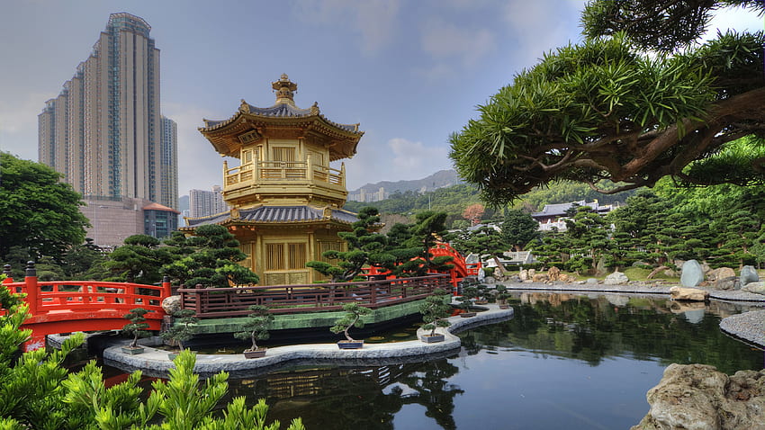 香港 中国 Nan Lian Garden Nature Pond Parks, Chinese Pagoda 高画質の壁紙