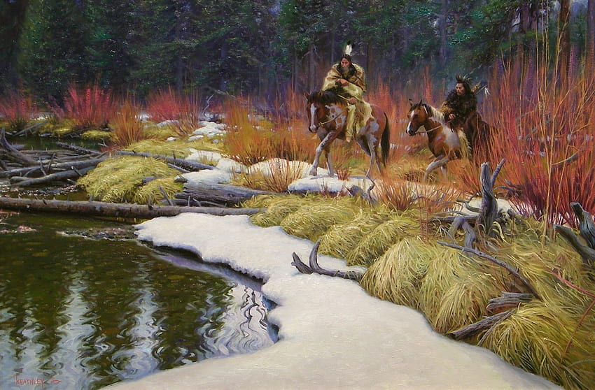 Di antara The Red Willows, kuda, Di antara, orang Indian, penduduk asli Amerika, merah, Mark Keathley, itu, pohon willow Wallpaper HD