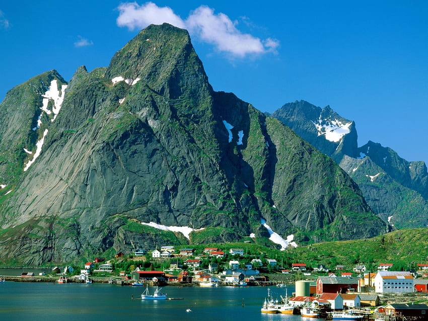 Lofoten, Kepulauan Reine Norwegia, lautan, arsitektur, Norwegia, kota, alam, pegunungan, pulau Wallpaper HD