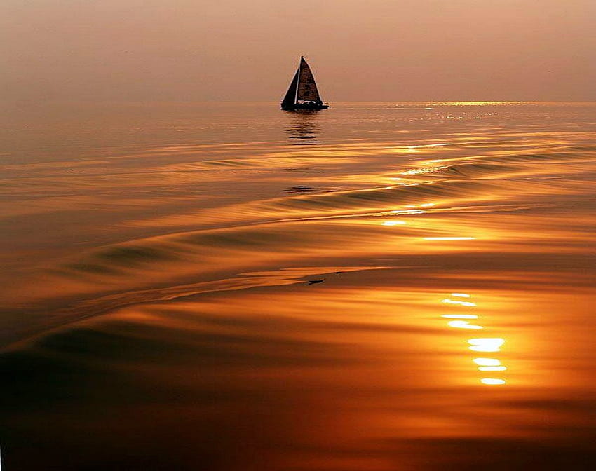 Golden sail, gold, sail boat, ocean, sunset HD wallpaper
