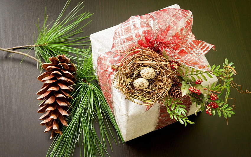 Christmas Gift, artwork, pinecone, twig, parcel HD wallpaper