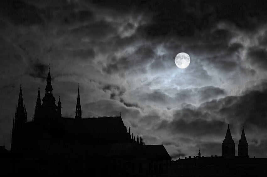 One Cloudy Night, clouds, church, moon, hill HD wallpaper