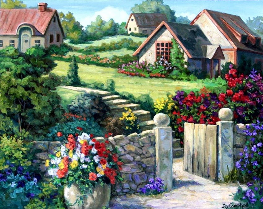 Wieś Chałupy, dzieło sztuki, malarstwo, ścieżka, dom, płot, kraj, kwiaty Tapeta HD