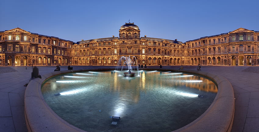Cities, Fountain, Louvre, Lights, France, Evening, Panorama, Sights HD wallpaper