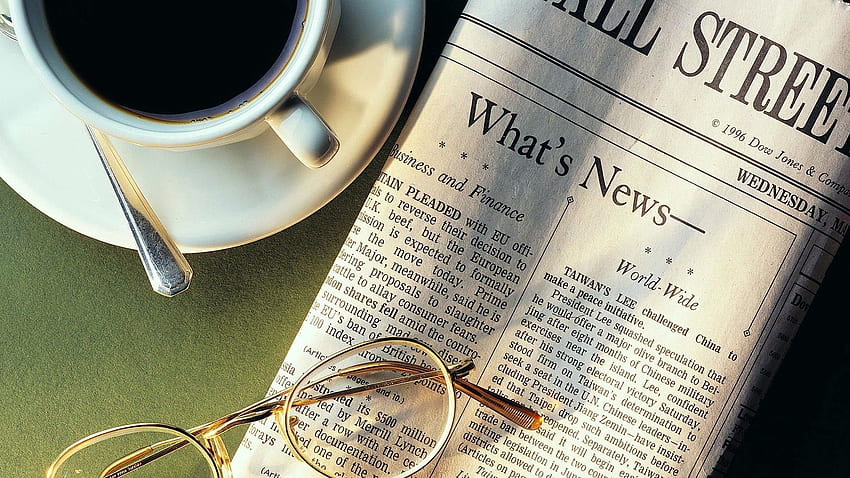 Kaffee, Essen, Tasse, Brille, Brille, Zeitung, Löffel, Nachrichten, Getränkehalter HD-Hintergrundbild