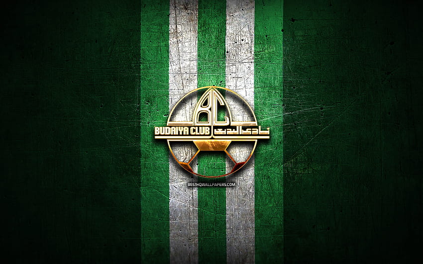 Budaiya Club, golden logo, Bahraini Premier League, green metal background, football, Bahraini football club, Budaiya Club logo, soccer, Budaiya Club FC HD wallpaper