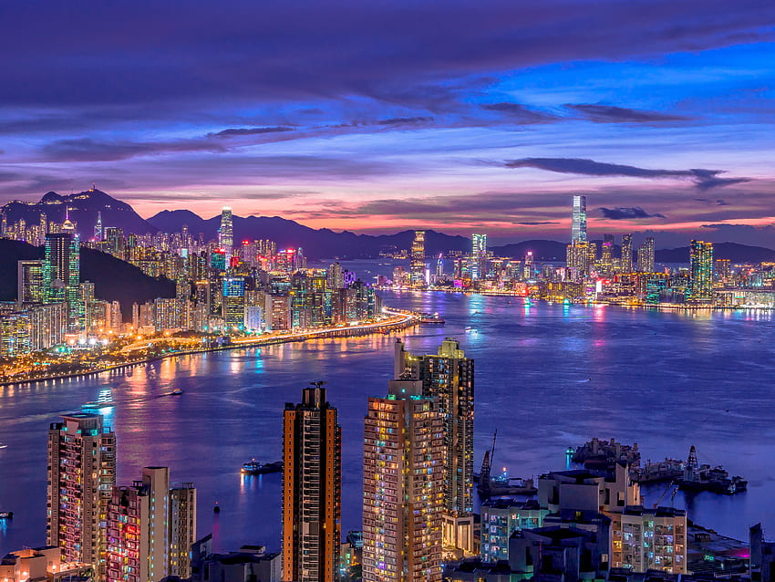 Skyline miasta, nocne życie, pejzaż miejski, Hong Kong, drapacze chmur, świat, Hong Kong Night Skyline Tapeta HD