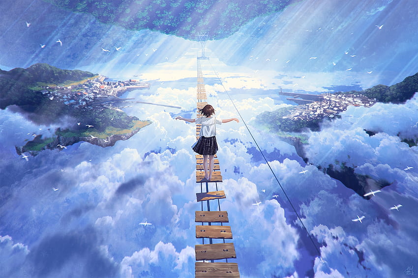 夢の橋の上を歩くアニメの女の子、雲、アートワーク 高画質の壁紙
