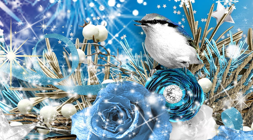 Blue Winter Bird, niebieski, zima, wstążka, gwiazda, róża, śnieg, blask, połysk, pszenica, perły, kwiaty Tapeta HD