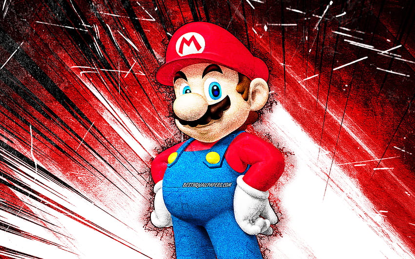 Mario, arte grunge, fontanero de dibujos animados, Super Mario, rayos abstractos rojos, personajes de Super Mario, Super Mario Bros, Mario Super Mario con resolución. Alta calidad fondo de pantalla