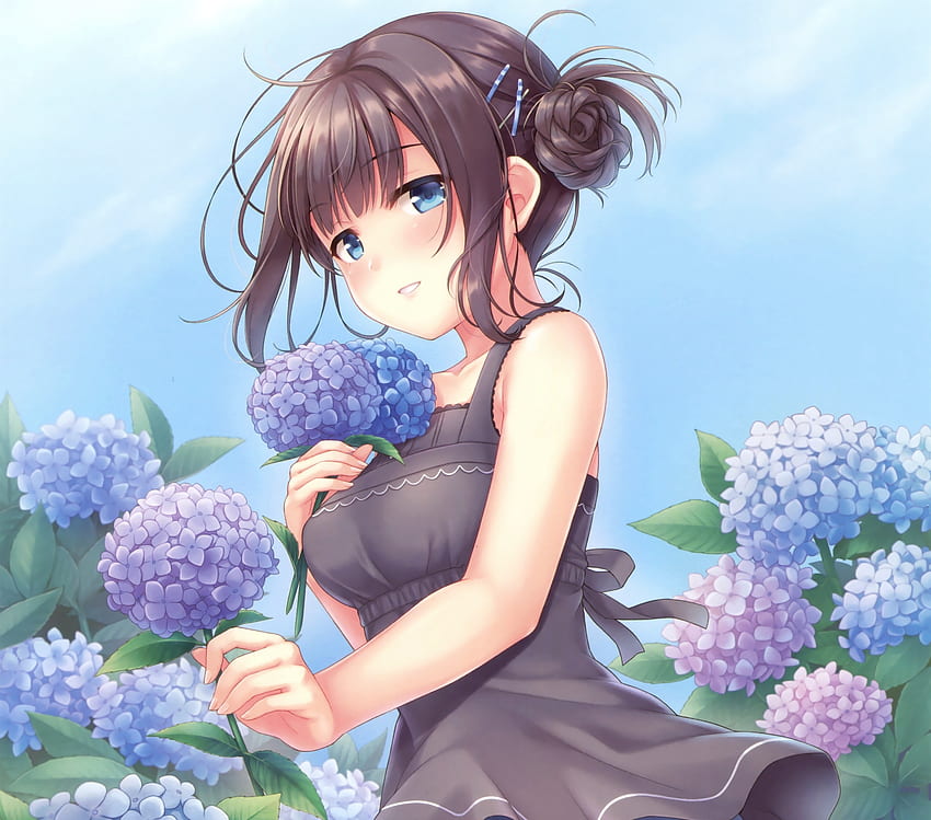 Bunga, biru, gadis anime imut Wallpaper HD