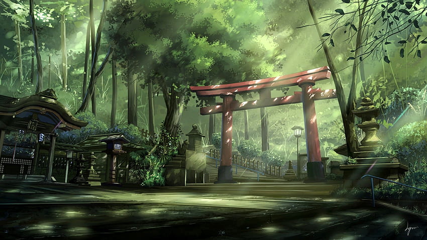 anime landscape torii sun rays asian architecture steps trees HD wallpaper