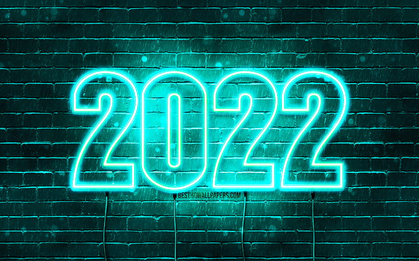 2022 turkusowe neonowe cyfry, , Szczęśliwego Nowego Roku 2022, turkusowy mur, poziomy tekst, 2022 koncepcje, przewody, 2022 nowy rok, 2022 na turkusowym tle, 2022 rok cyfry Tapeta HD