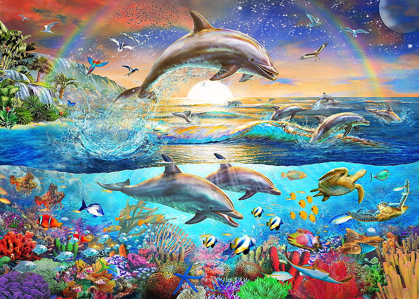 Sealife, blau, bunt, Adrian Chesterman, Delphin, Sommer, Fantasy, Luminos, Fisch, Wasser, Vara HD-Hintergrundbild