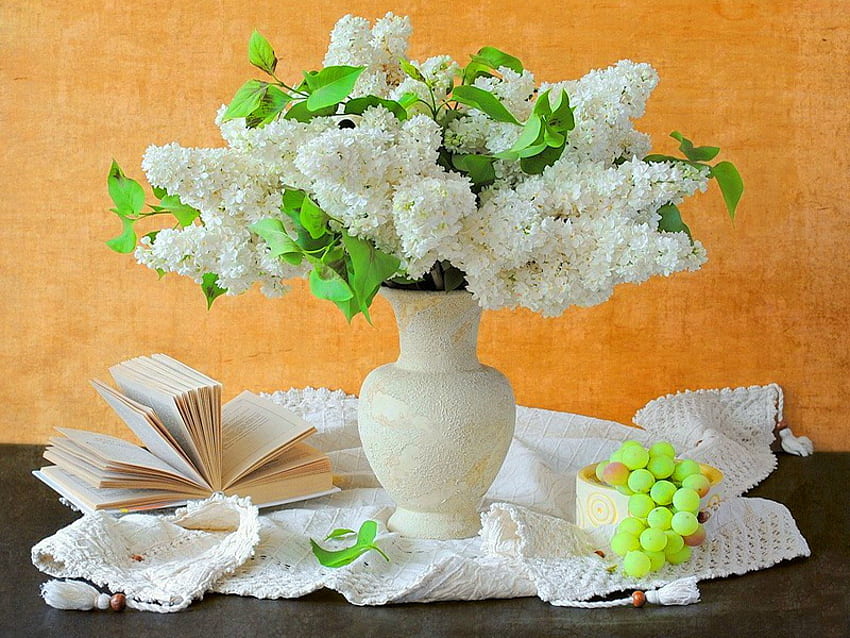 Still life, lilacs, vase, beautiful, nice, book, pretty, grape, lovely HD wallpaper